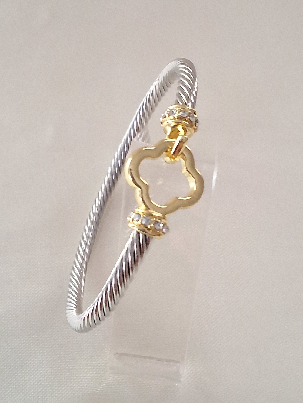 Silver-Tone Cable Bangle with Gold Clover Charm